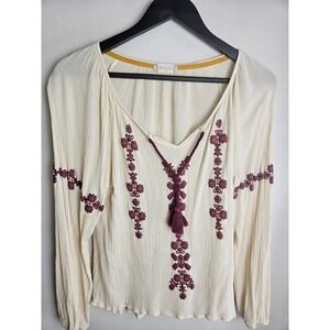 Alter'd State Embroidered Boho Blouse Women's Size S Cream Burgundy Tassel